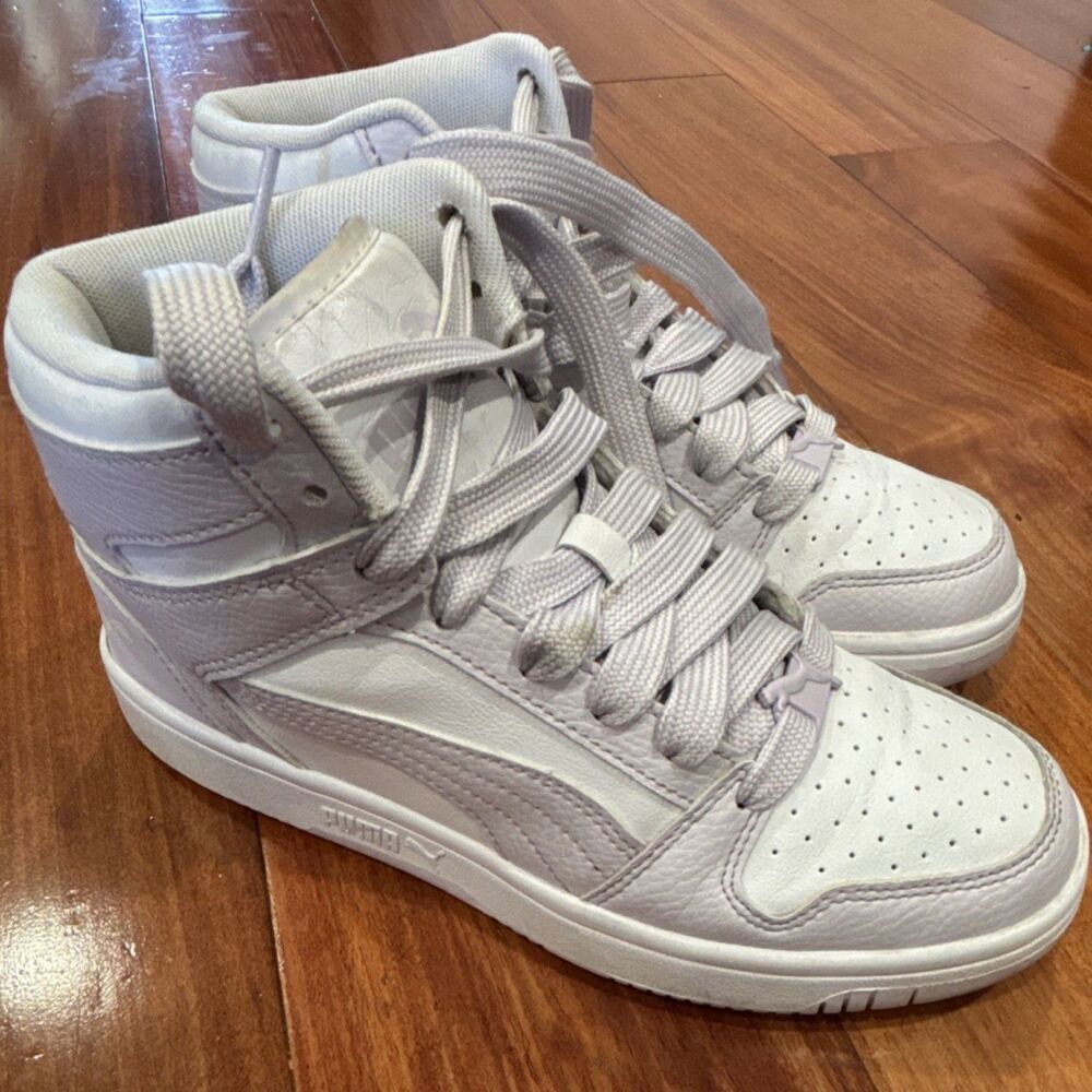 PUMA Girls White Solid High Top Lace-Up Leather Sneakers Rubber Outsole size 4.5